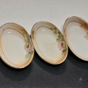 3 Porcelain Oval Sauce Dishes Hand Painted In Nippon 1.5" X 2.5" Gold Trim Japan